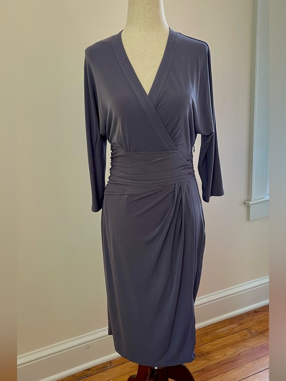 Maggie Boutique Gray Faux Wrap Ruched Sheath Dress 3/4 Sleeve Size 4
